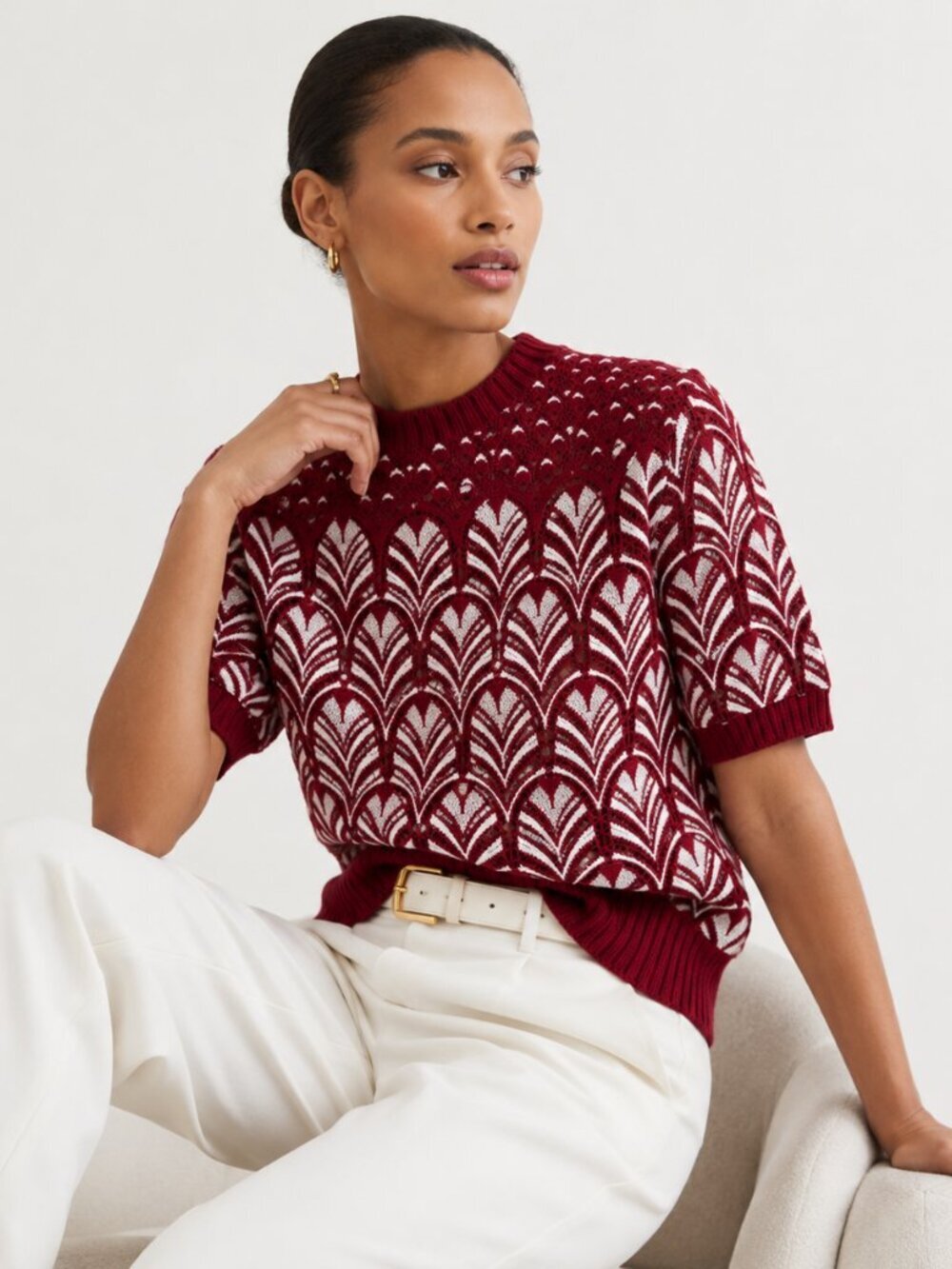 DANIEL RAINN Anthropologie Short Sleeve Sweater Burgundy Lace Small